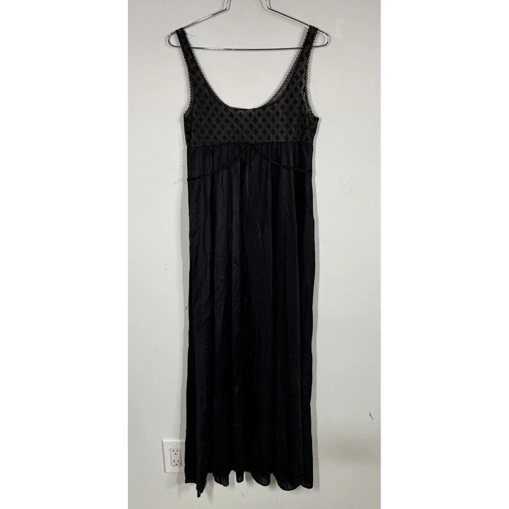 VTG 70s Formfit Rogers Black Maxi Slip Dress Negligee Peignoir Nightgown Lace‎ M
